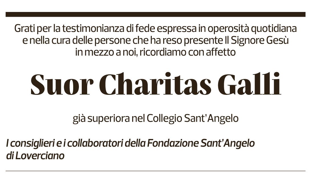 Annuncio funebre Suor Maria Charitas Galli