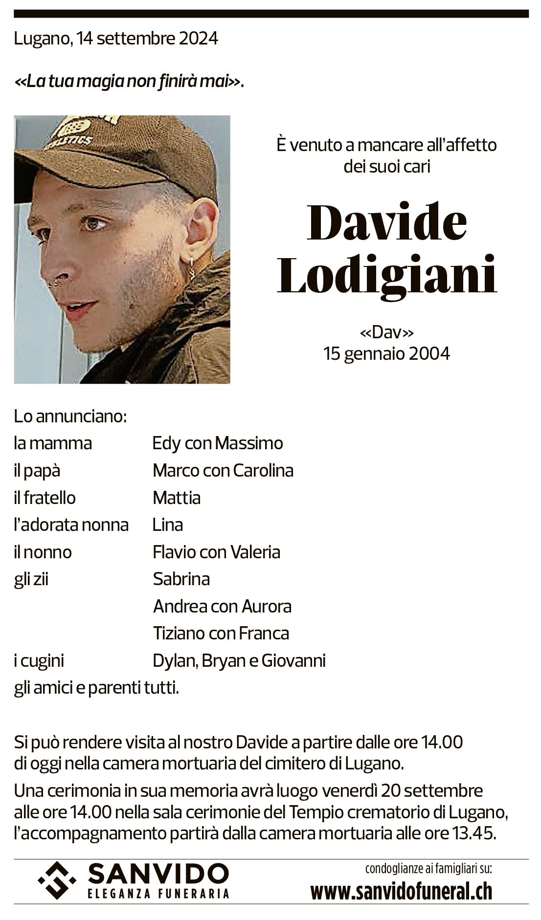 Annuncio funebre Davide Lodigiani