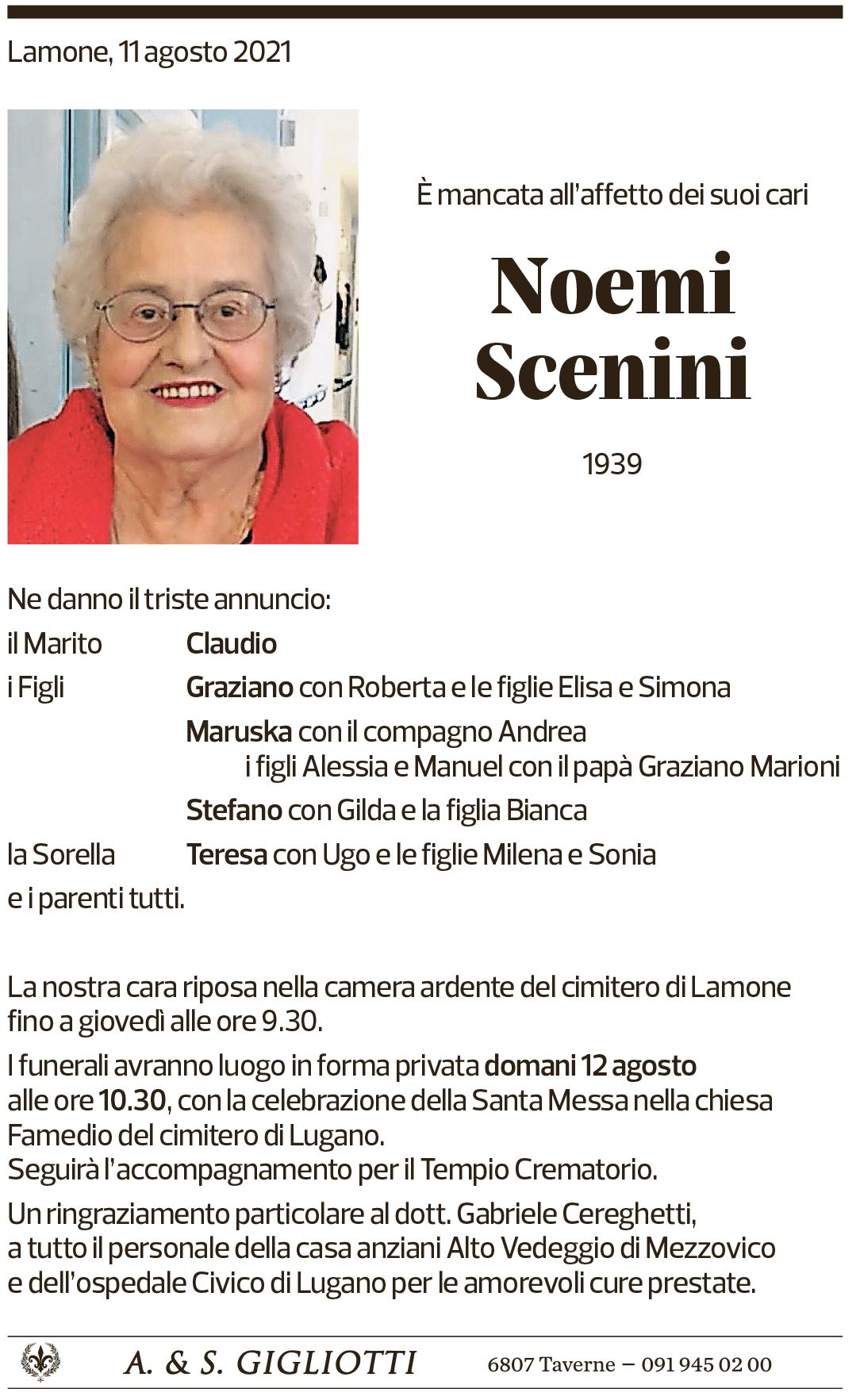 Annuncio funebre Noemi Scenini