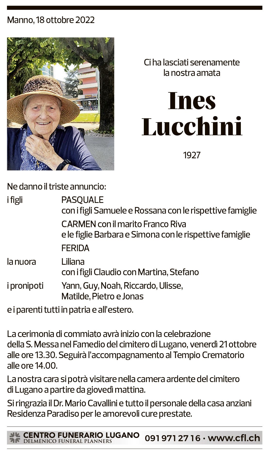 Annuncio funebre Ines Lucchini