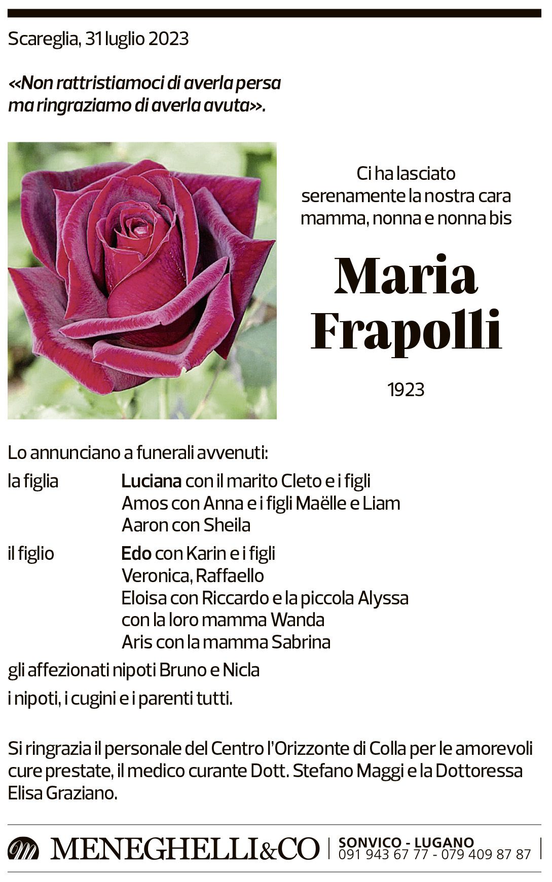 Annuncio funebre Maria Frapolli