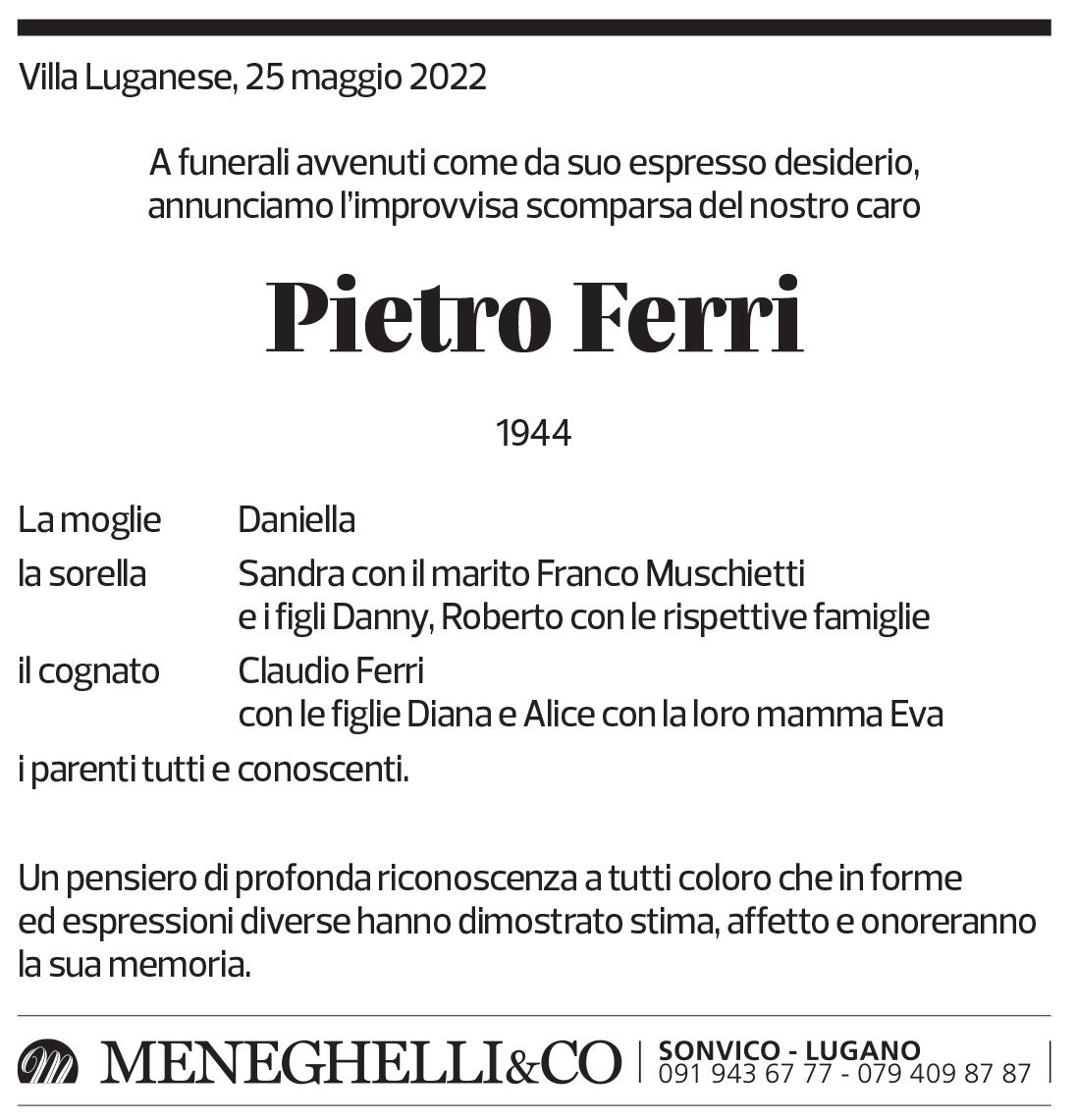 Annuncio funebre Pietro Ferri