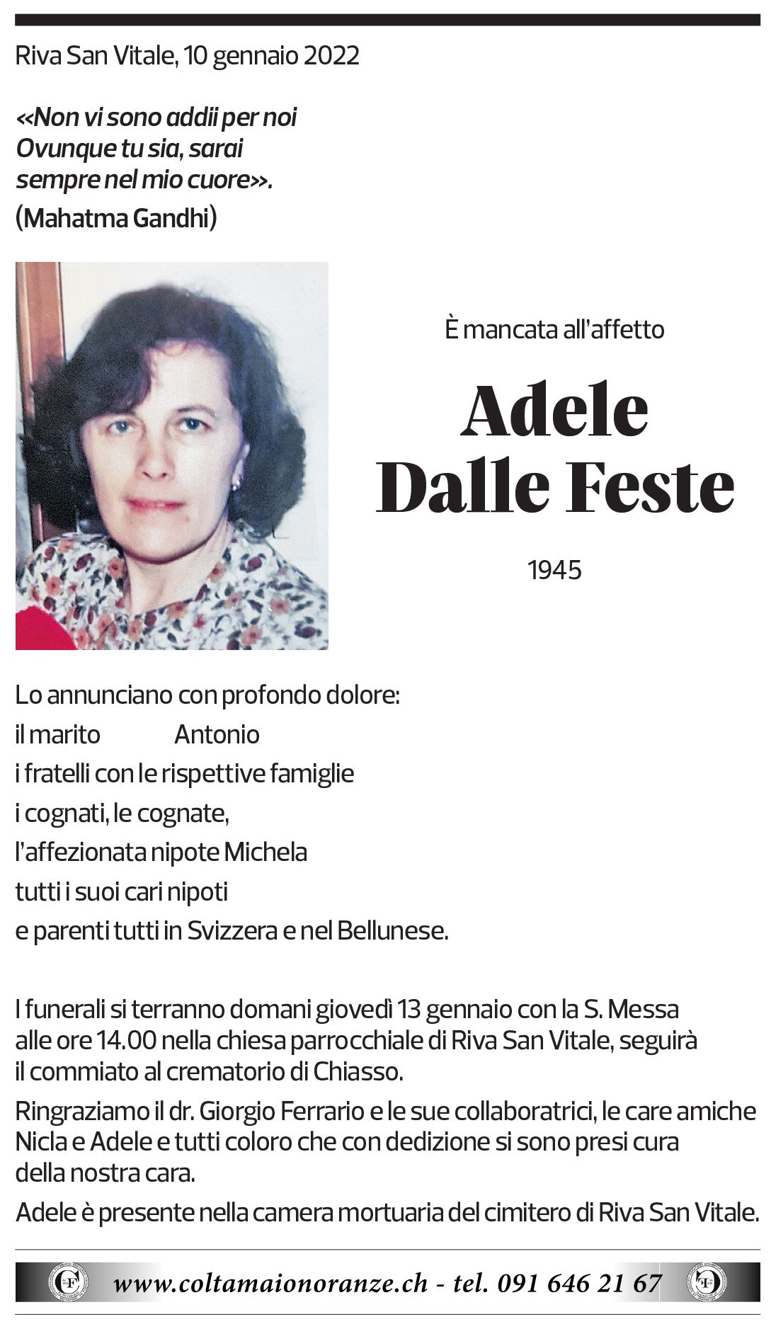 Annuncio funebre Adele Dalle Feste