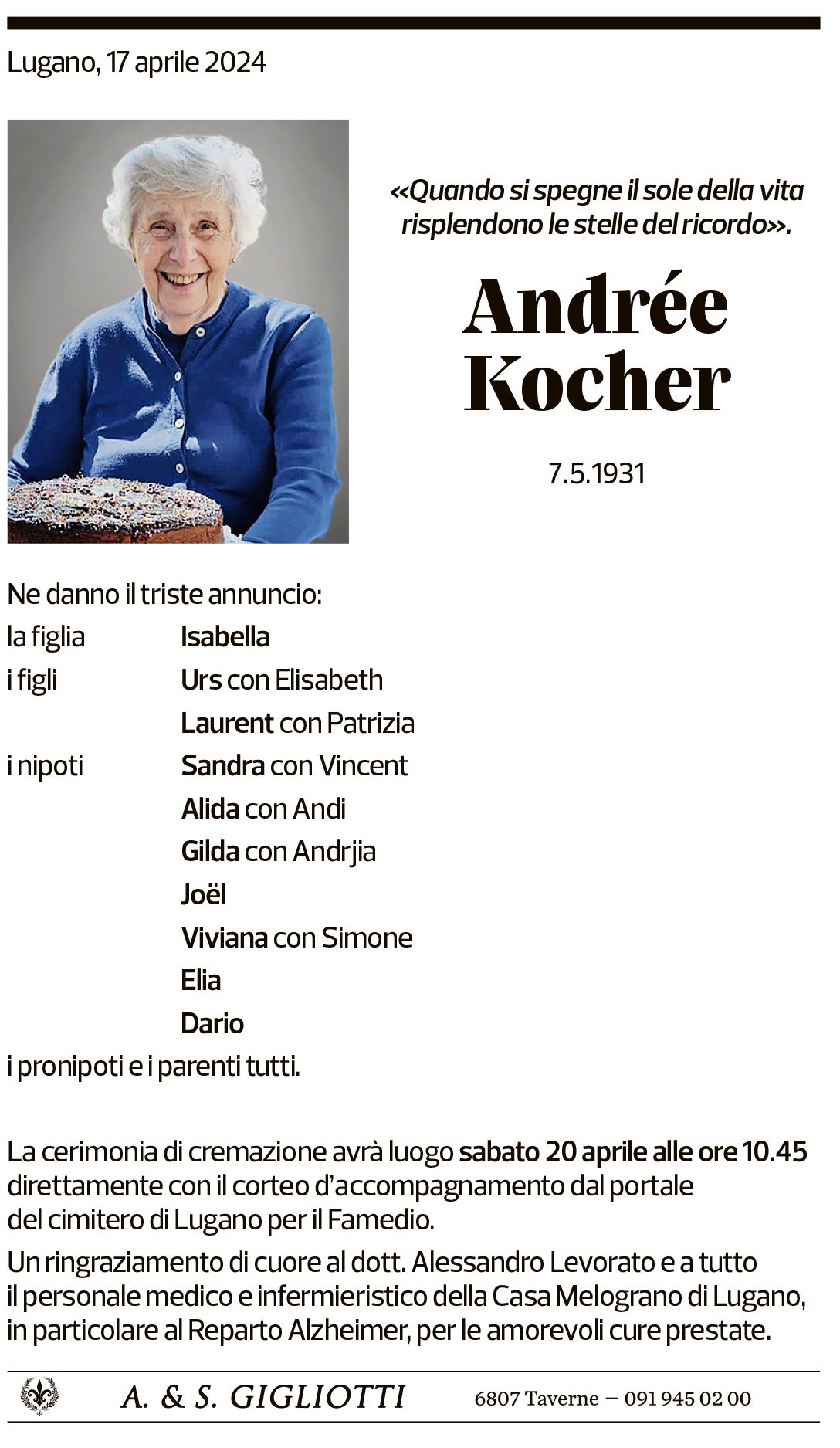 Annuncio funebre Andrée Kocher