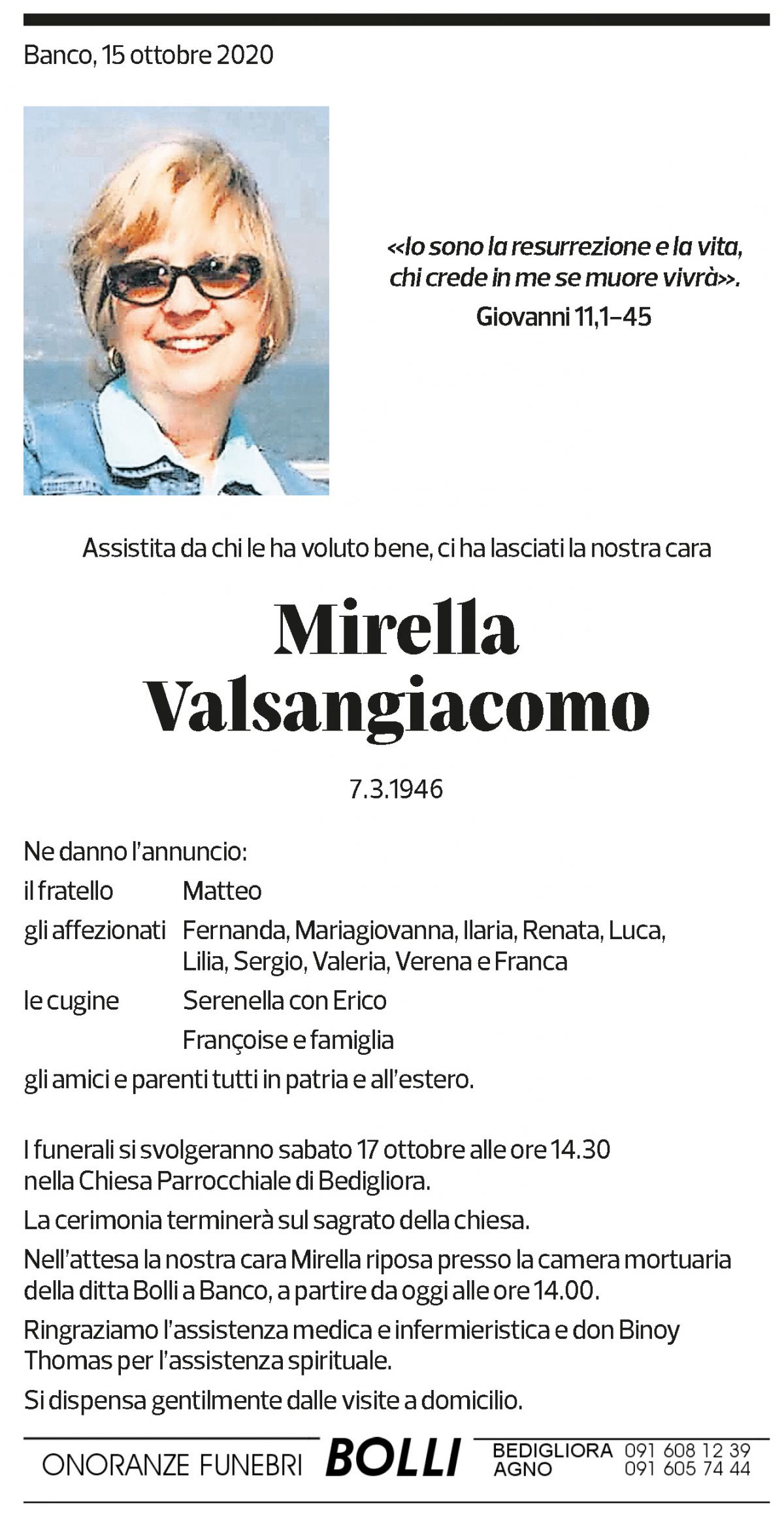 Annuncio funebre Mirella Valsangiacomo