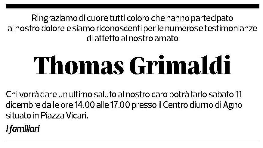 Annuncio funebre Thomas Grimaldi