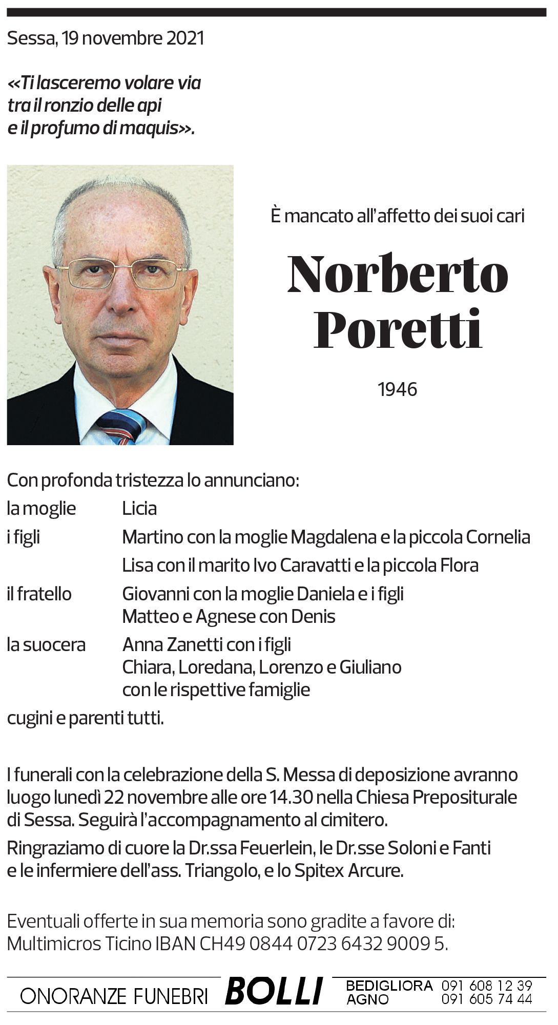 Annuncio funebre Norberto Poretti