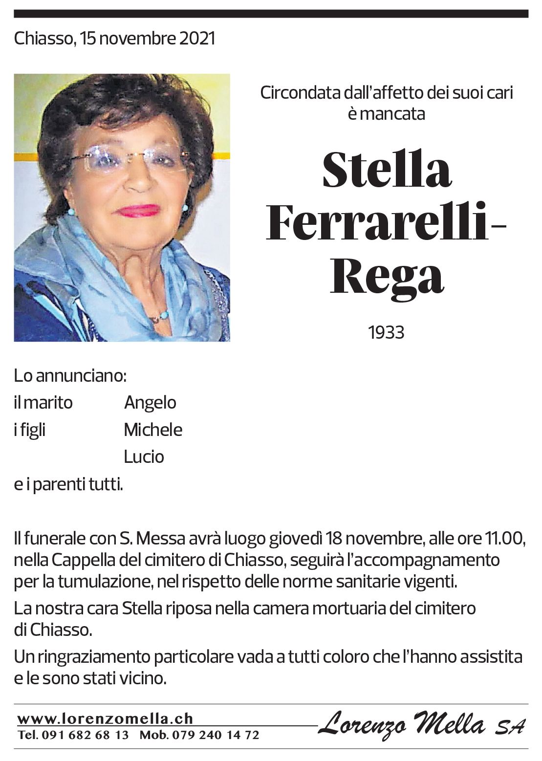 Annuncio funebre Stella Ferrarelli-rega