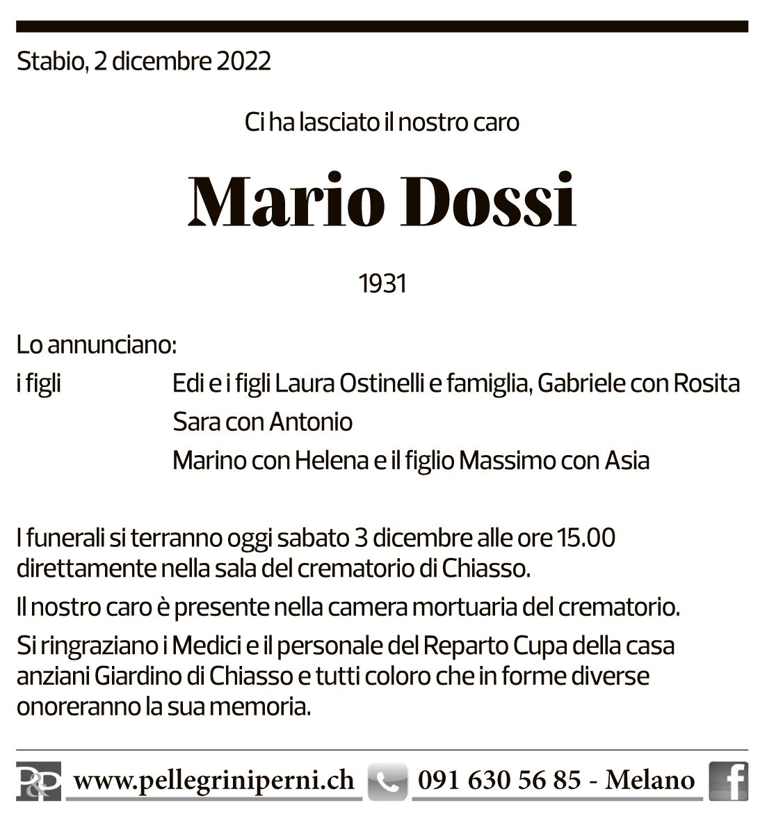 Annuncio funebre Mario Dossi