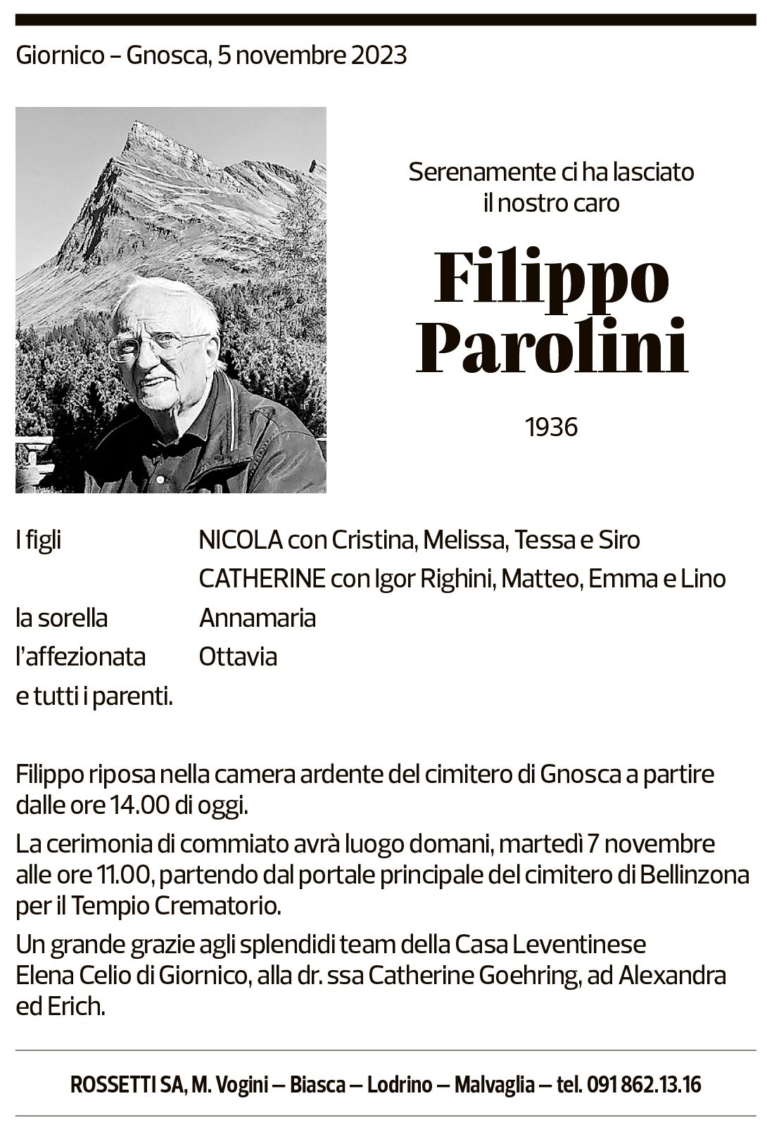 Annuncio funebre Filippo Parolini