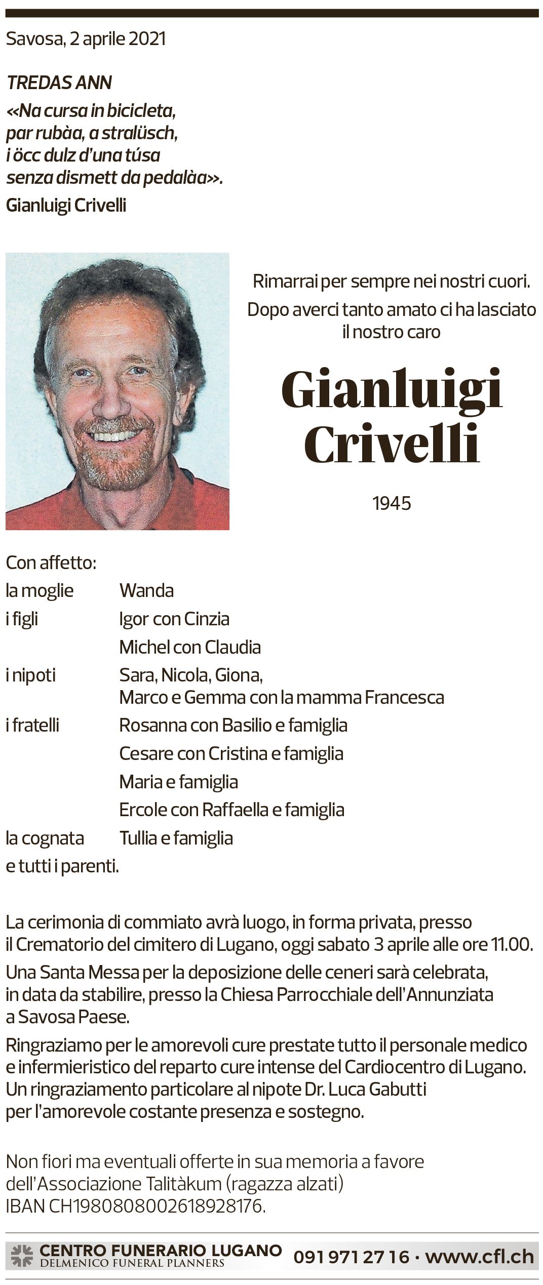 Annuncio funebre Gian Luigi Crivelli