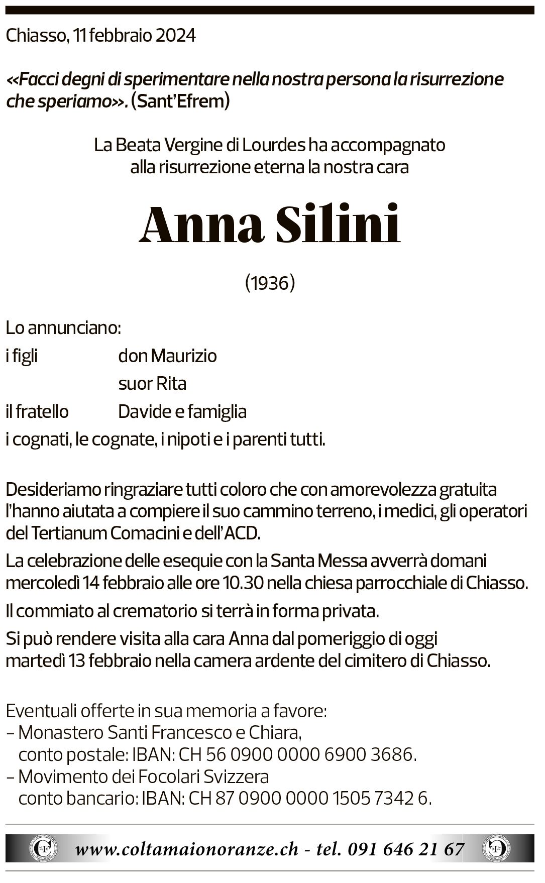 Annuncio funebre Anna Silini