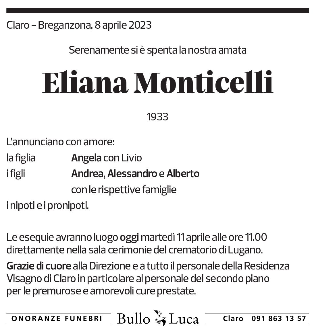 Annuncio funebre Eliana Monticelli