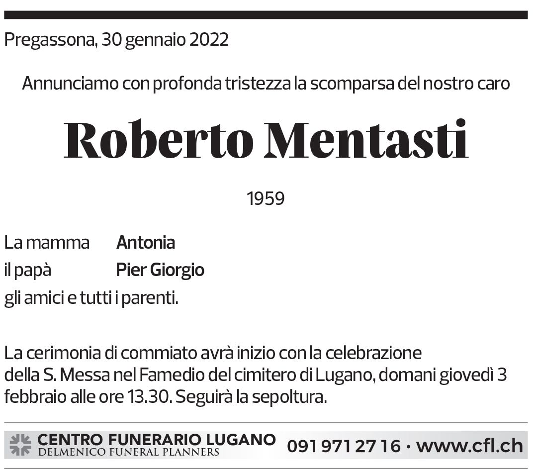 Annuncio funebre Roberto Mentasti