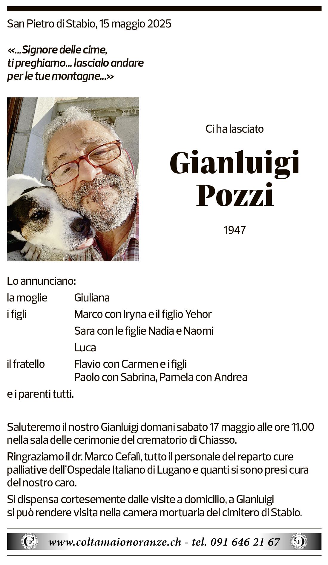 Annuncio funebre Gianluigi Pozzi