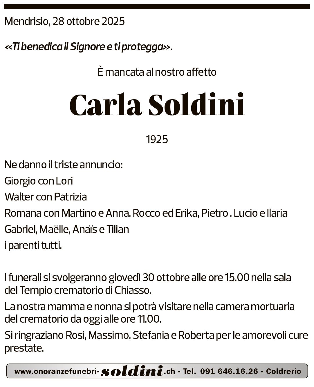Annuncio funebre Carla Silini