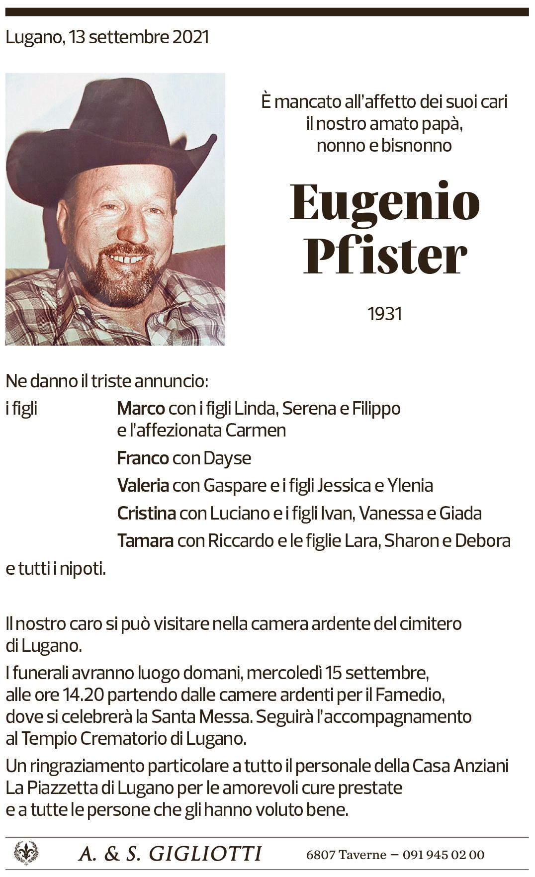 Annuncio funebre Eugenio Pfister