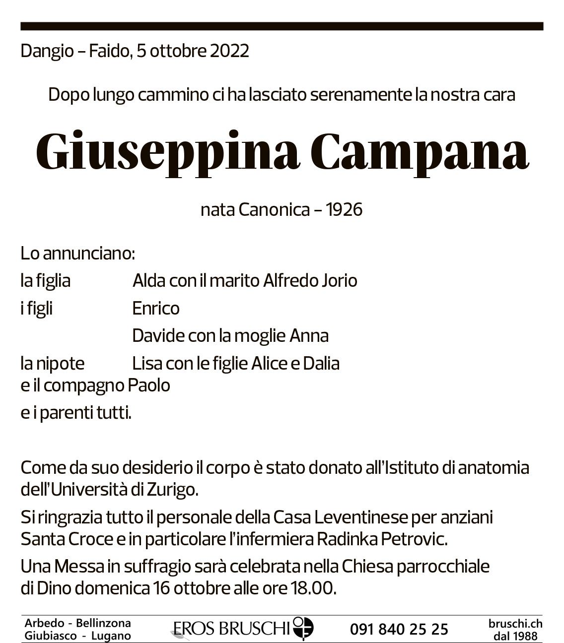 Annuncio funebre Giuseppina Campana