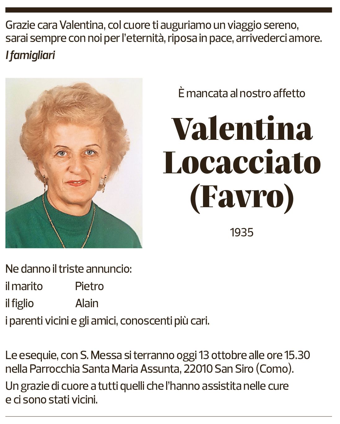 Annuncio funebre Valentina Locacciato Favro