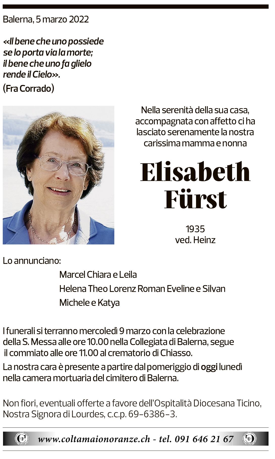 Annuncio funebre Elisabetta Fürst