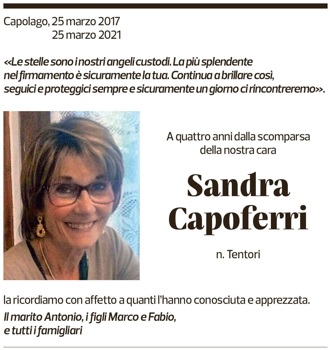 Annuncio funebre Sandra Capoferri