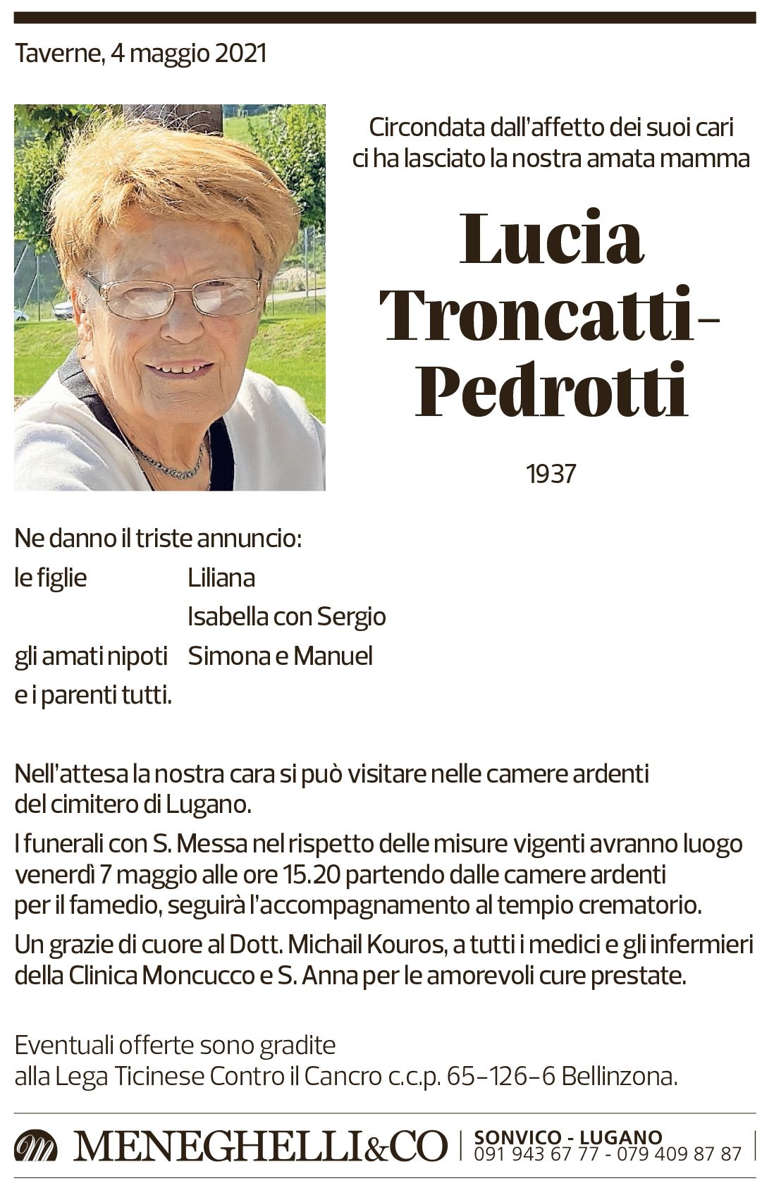 Annuncio funebre Lucia Troncatti-pedrotti