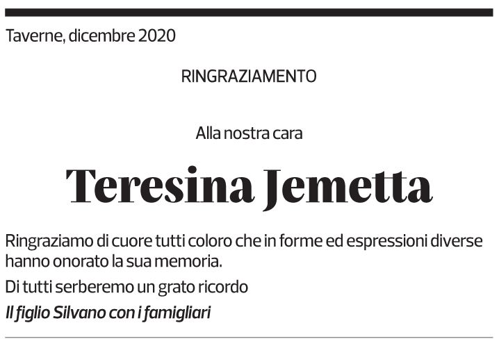 Annuncio funebre Teresina Jemetta