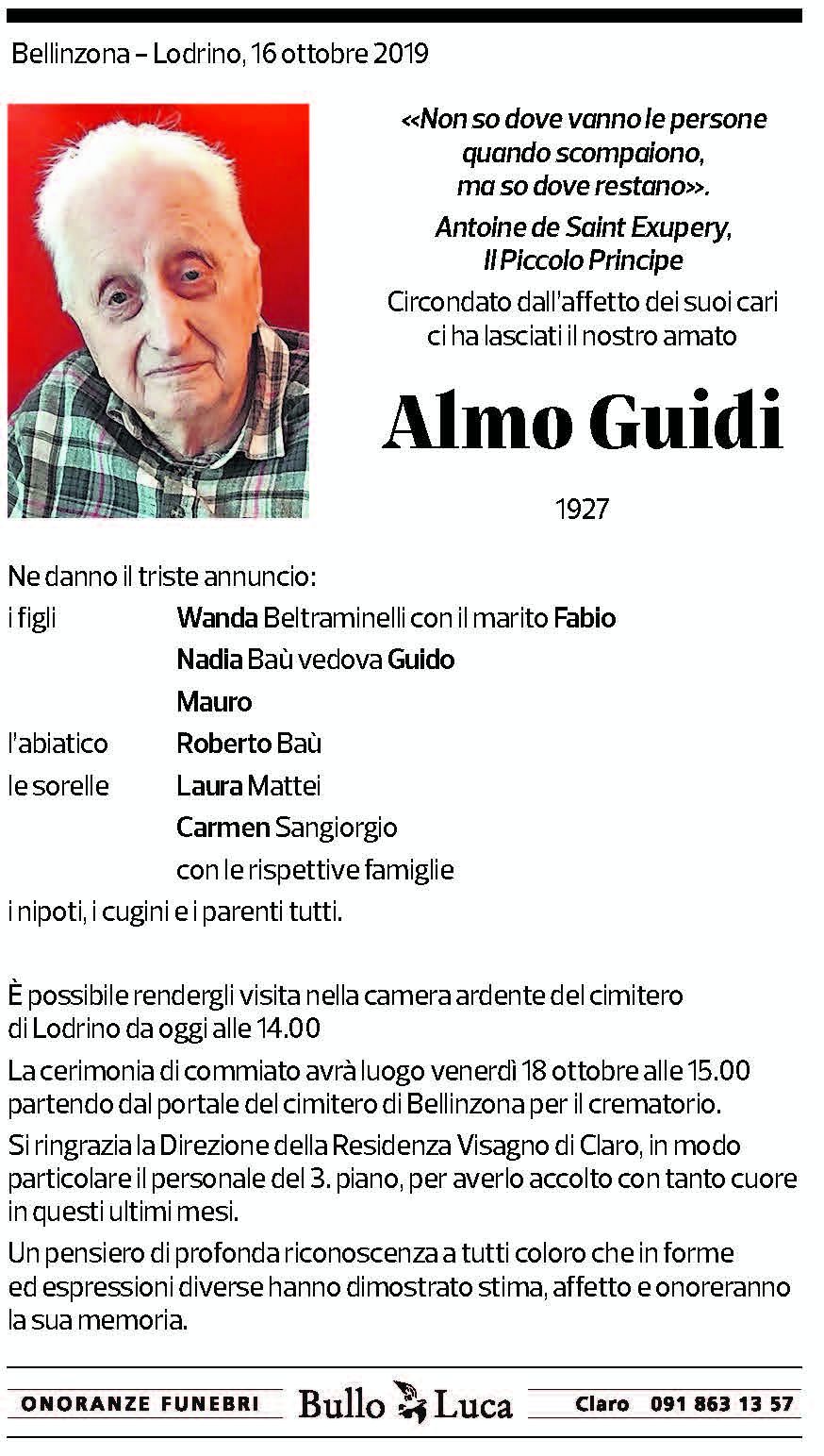 Annuncio funebre Almo Guidi