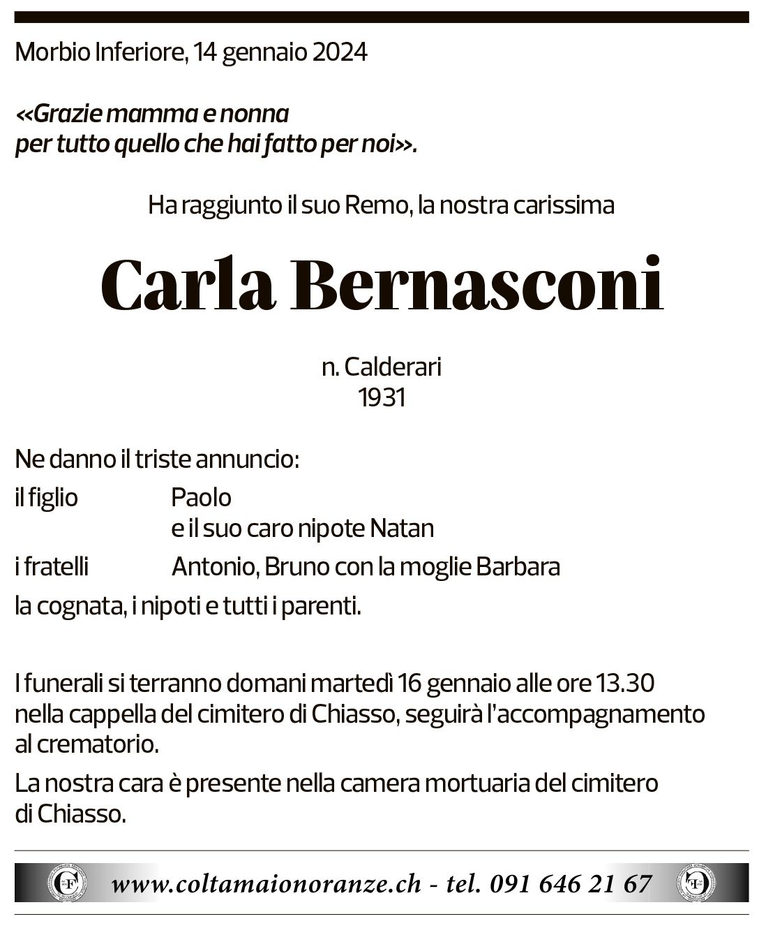 Annuncio funebre Carla Bernasconi