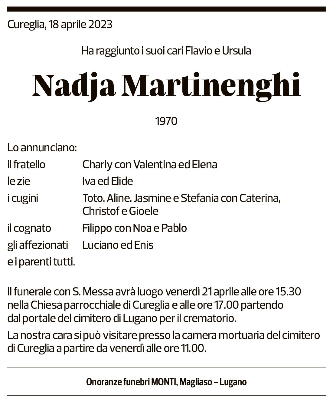 Annuncio funebre Nadja Martinenghi