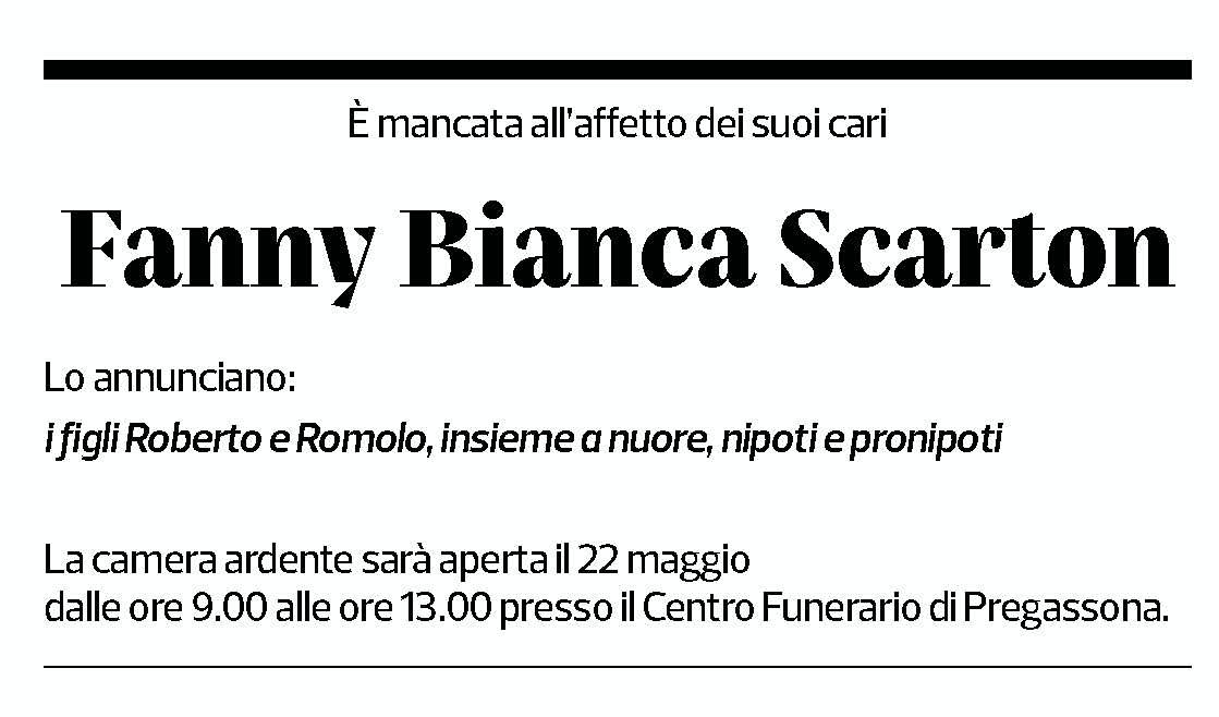 Annuncio funebre Fanny Bianca Scarton