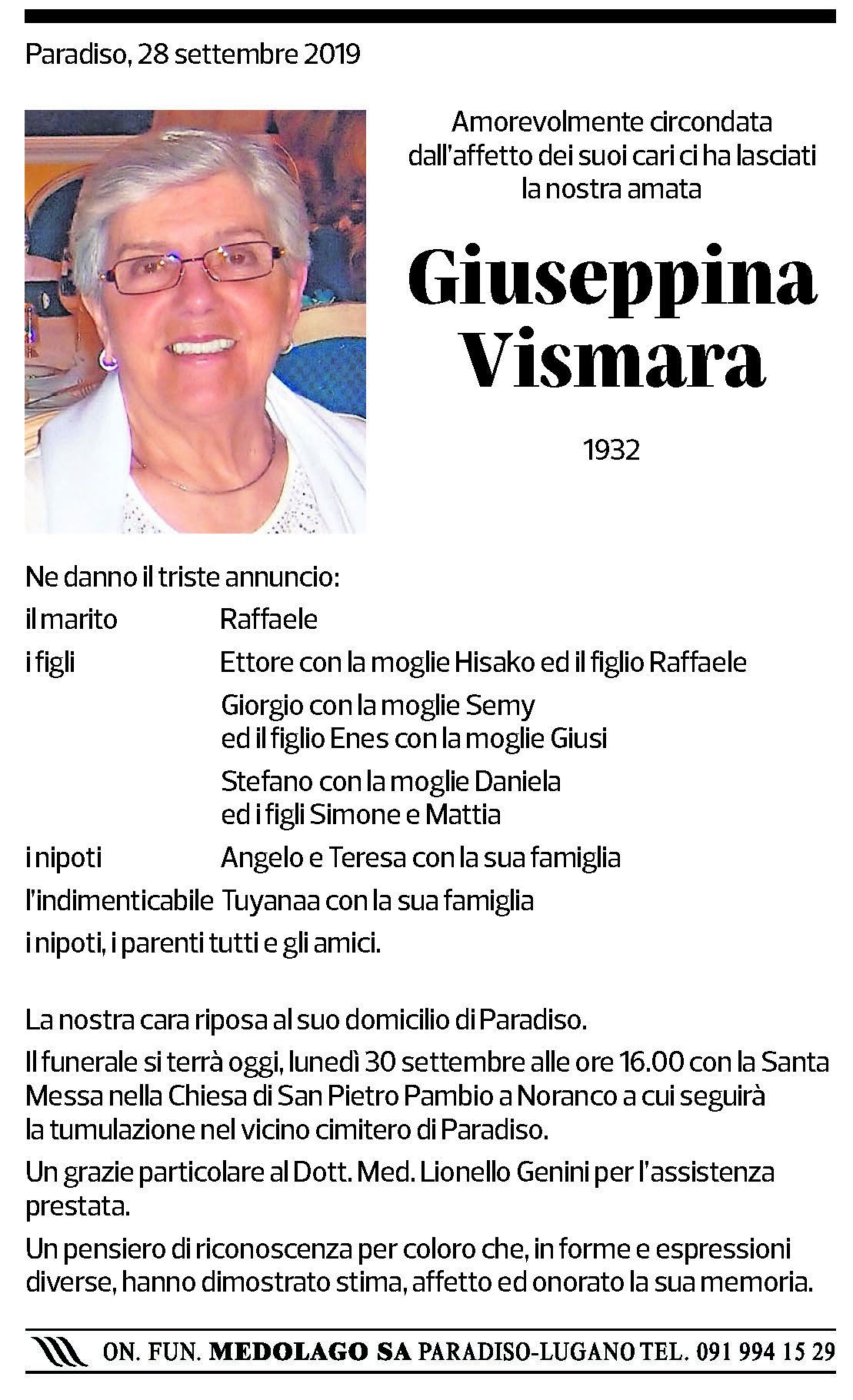 Annuncio funebre Giuseppina Vismara