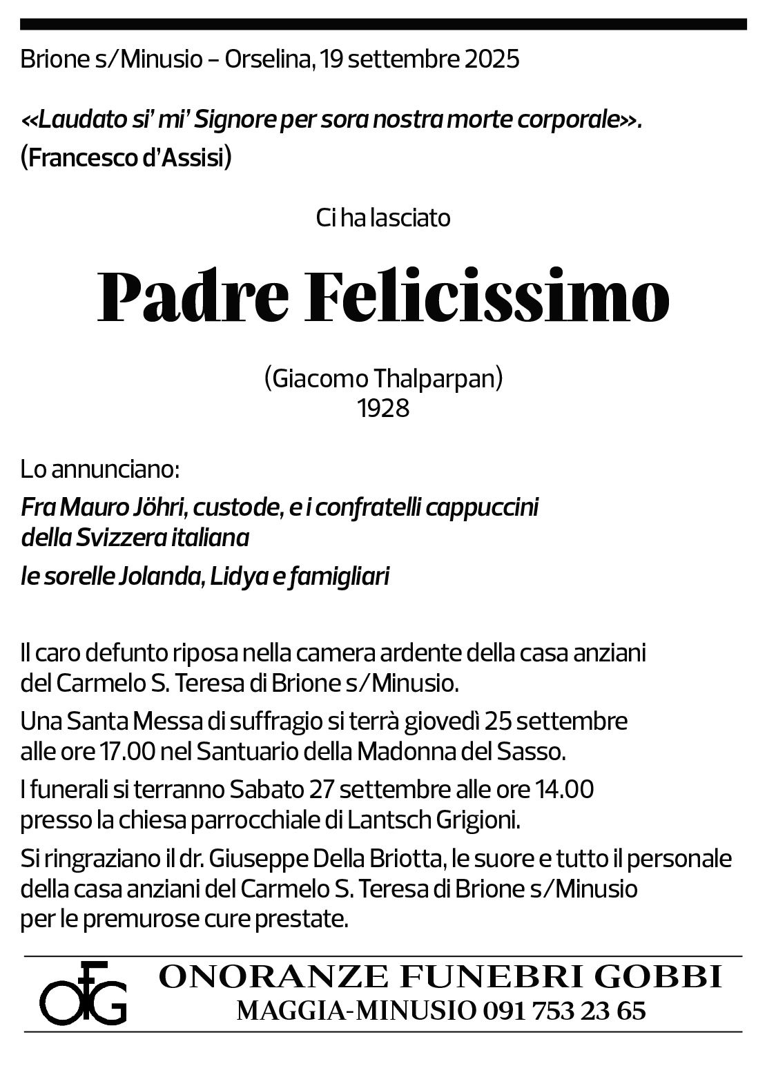 Annuncio funebre Giacomo Thalparpan