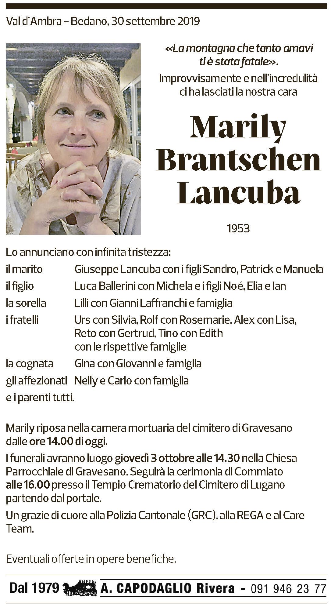 Annuncio funebre Marily Brantschen Lancuba
