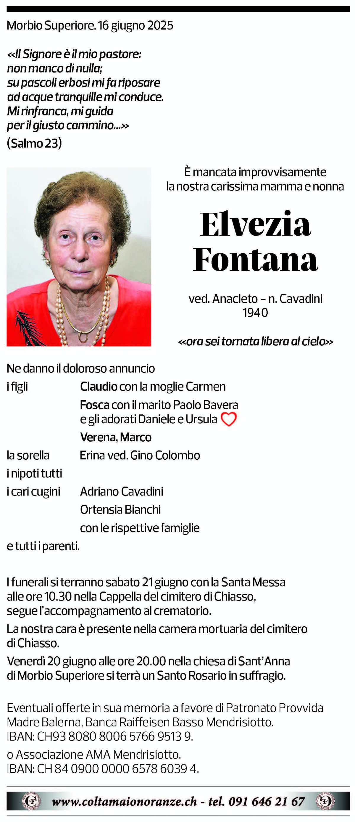 Annuncio funebre Elvezia Fontana