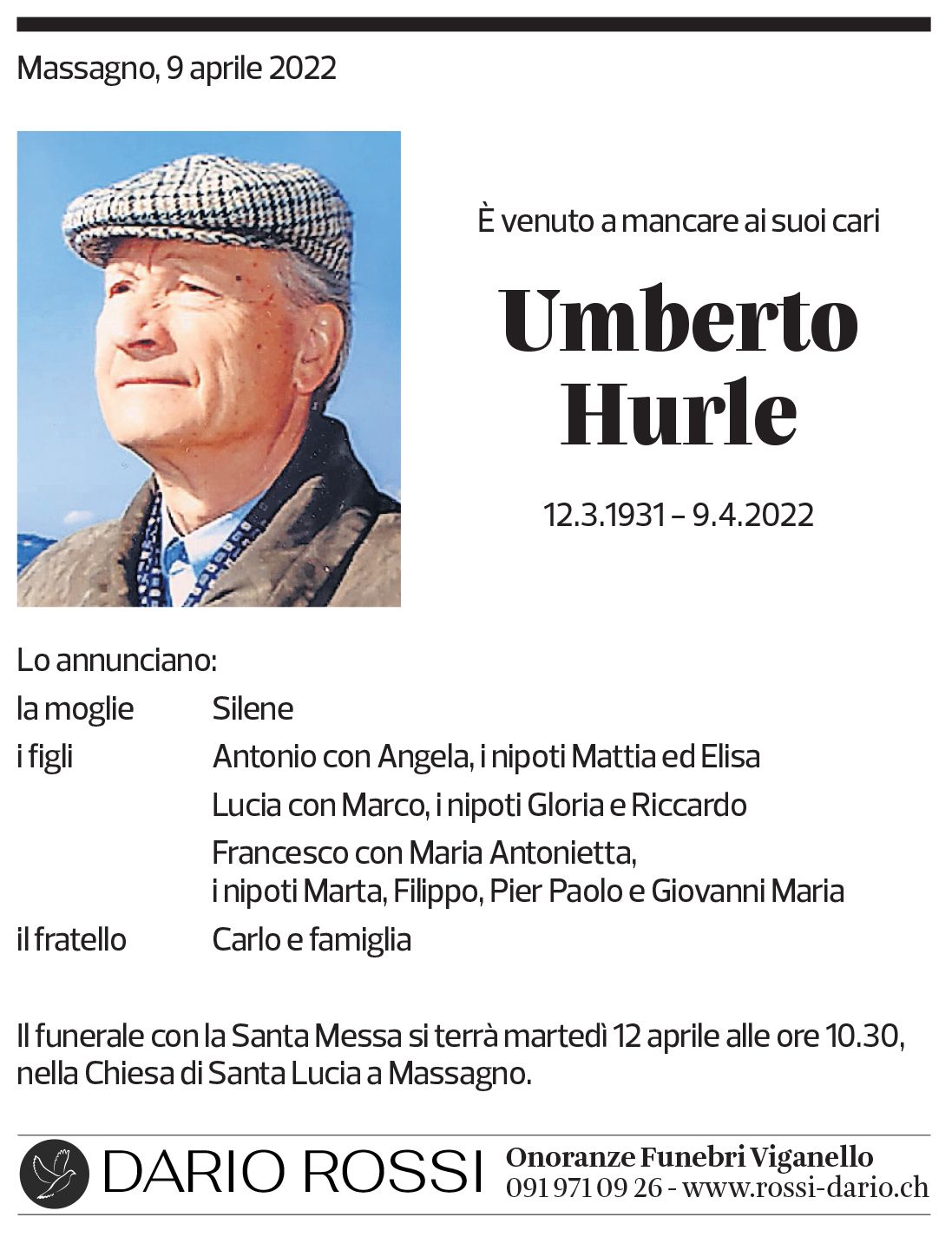 Annuncio funebre Umberto Hurle