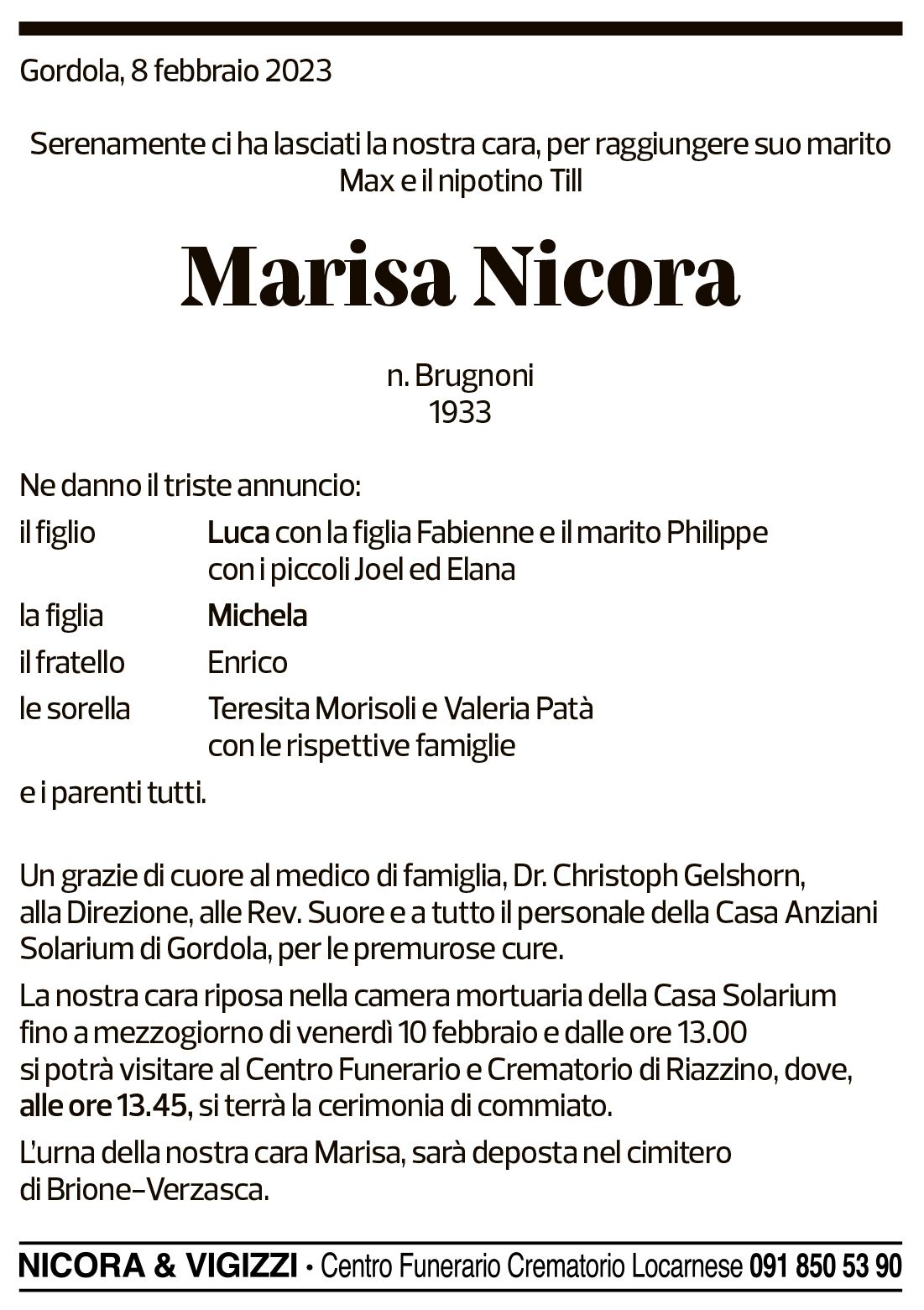 Annuncio funebre Marisa Nicora