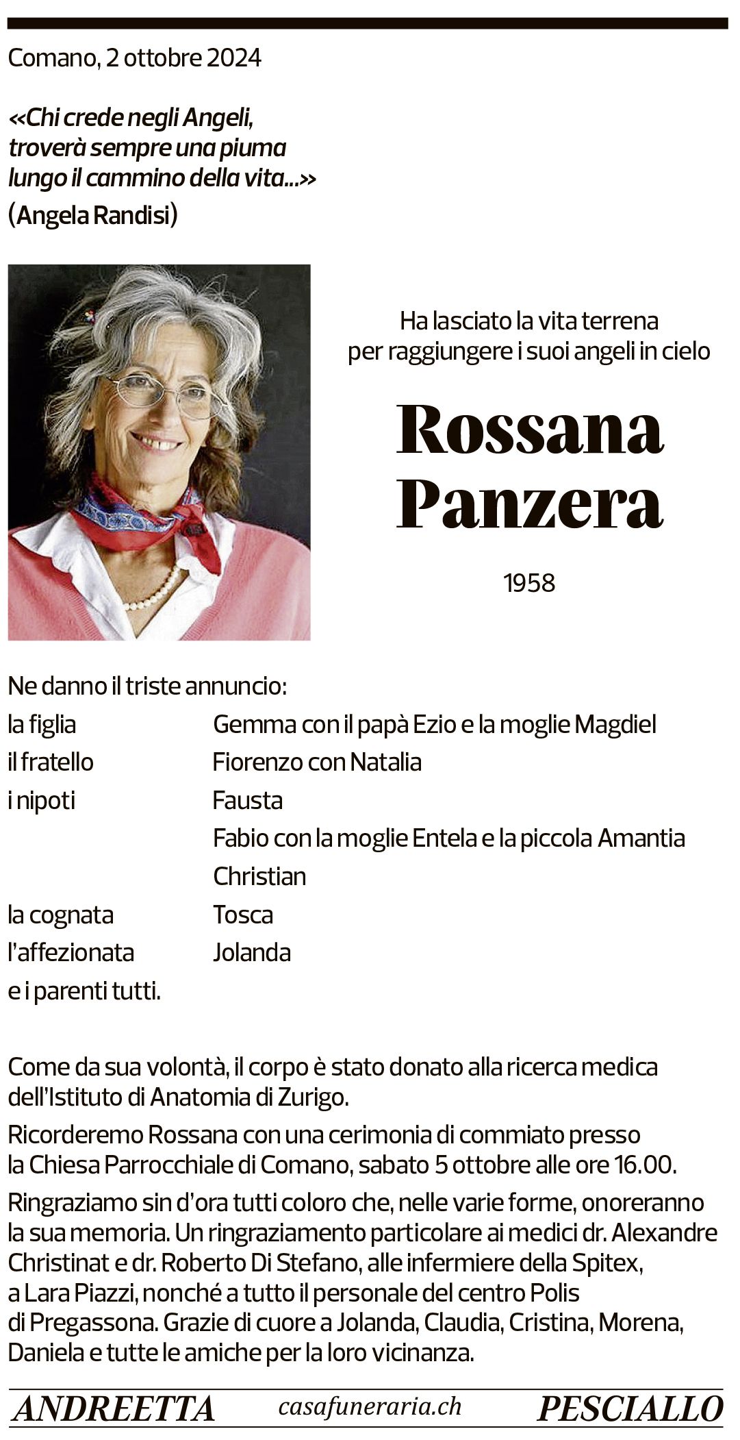 Annuncio funebre Rossana Panzera