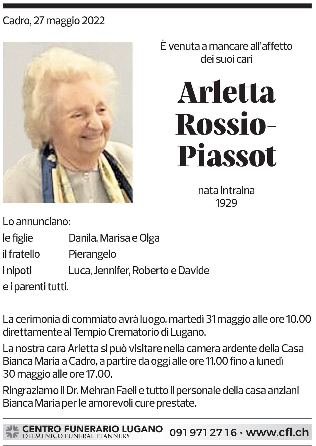 Annuncio funebre Arletta Rossio-piassot