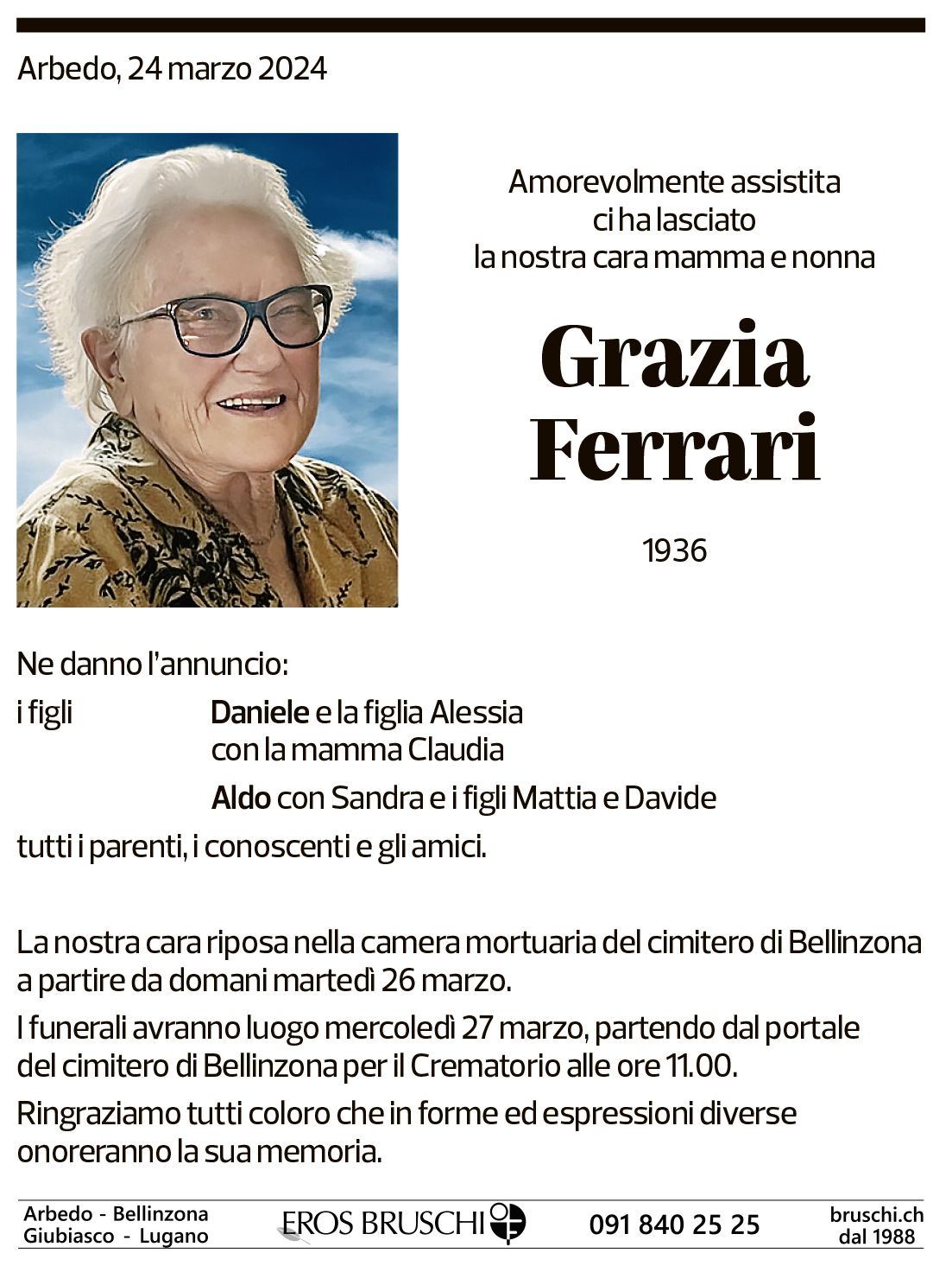 Annuncio funebre Grazia Ferrari