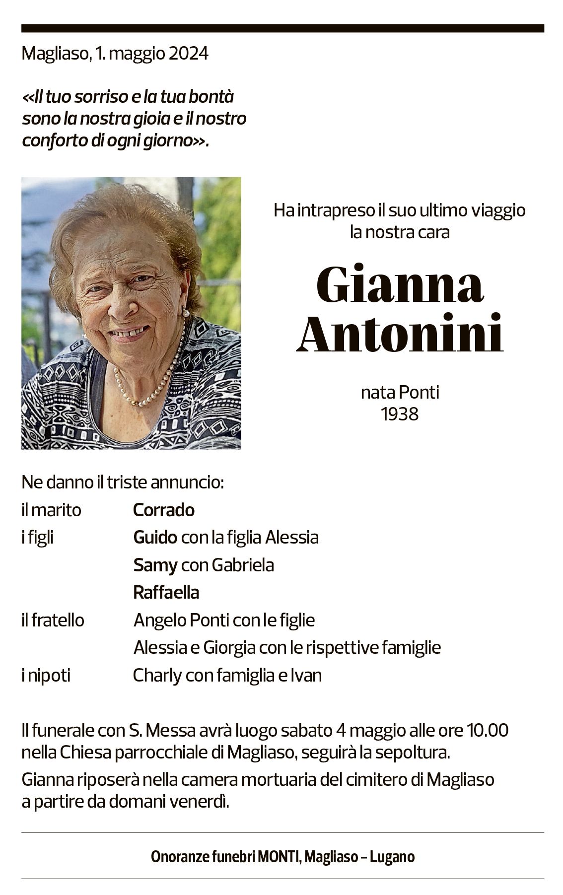 Annuncio funebre Gianna Antonini