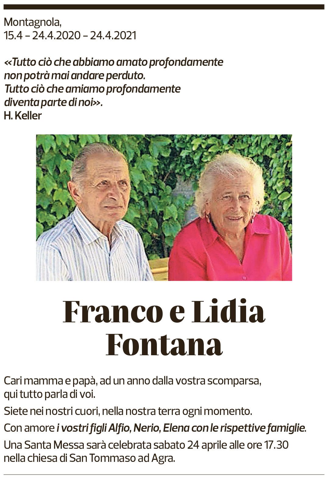 Annuncio funebre Franco E Lidia Fontana