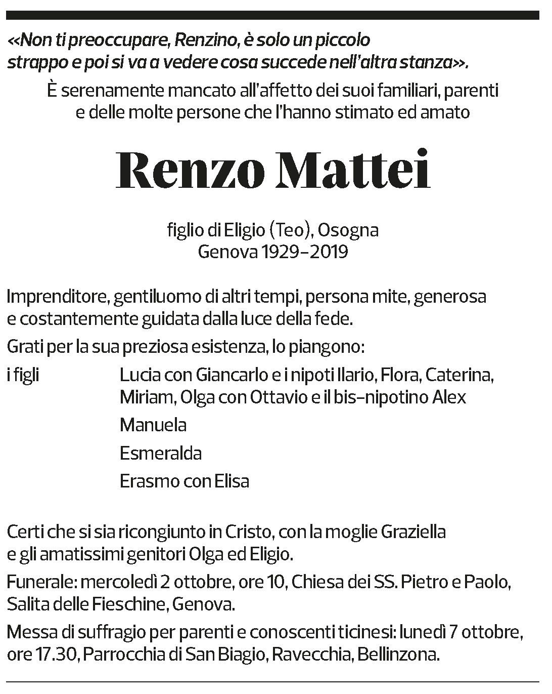 Annuncio funebre Renzo Mattei