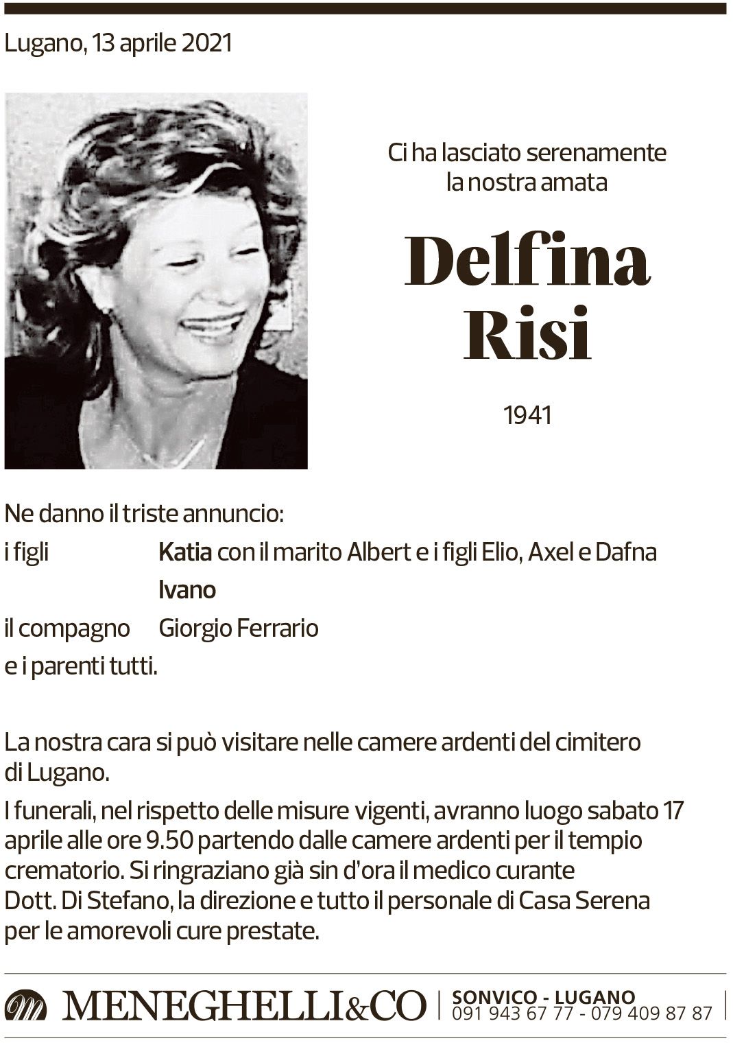 Annuncio funebre Delfina Risi