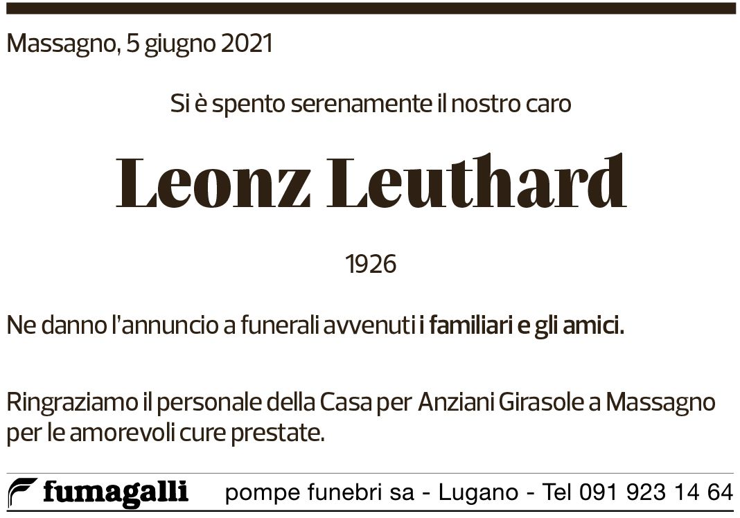 Annuncio funebre Leonz Leuthard