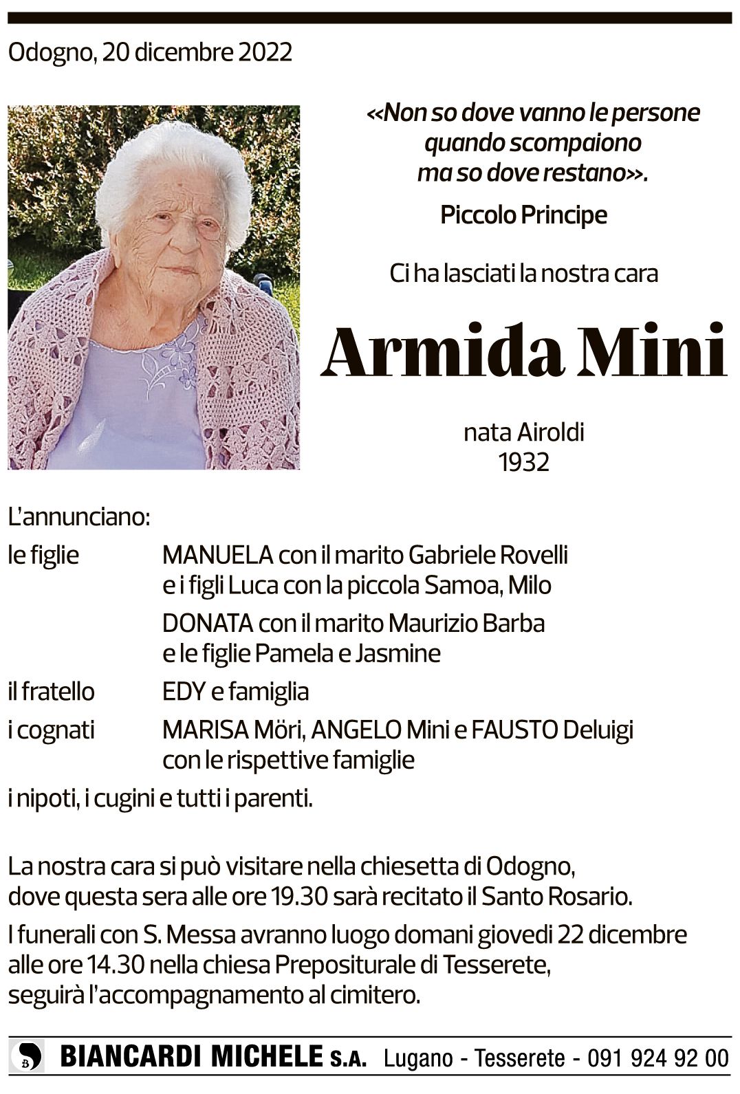 Annuncio funebre Armida Mini