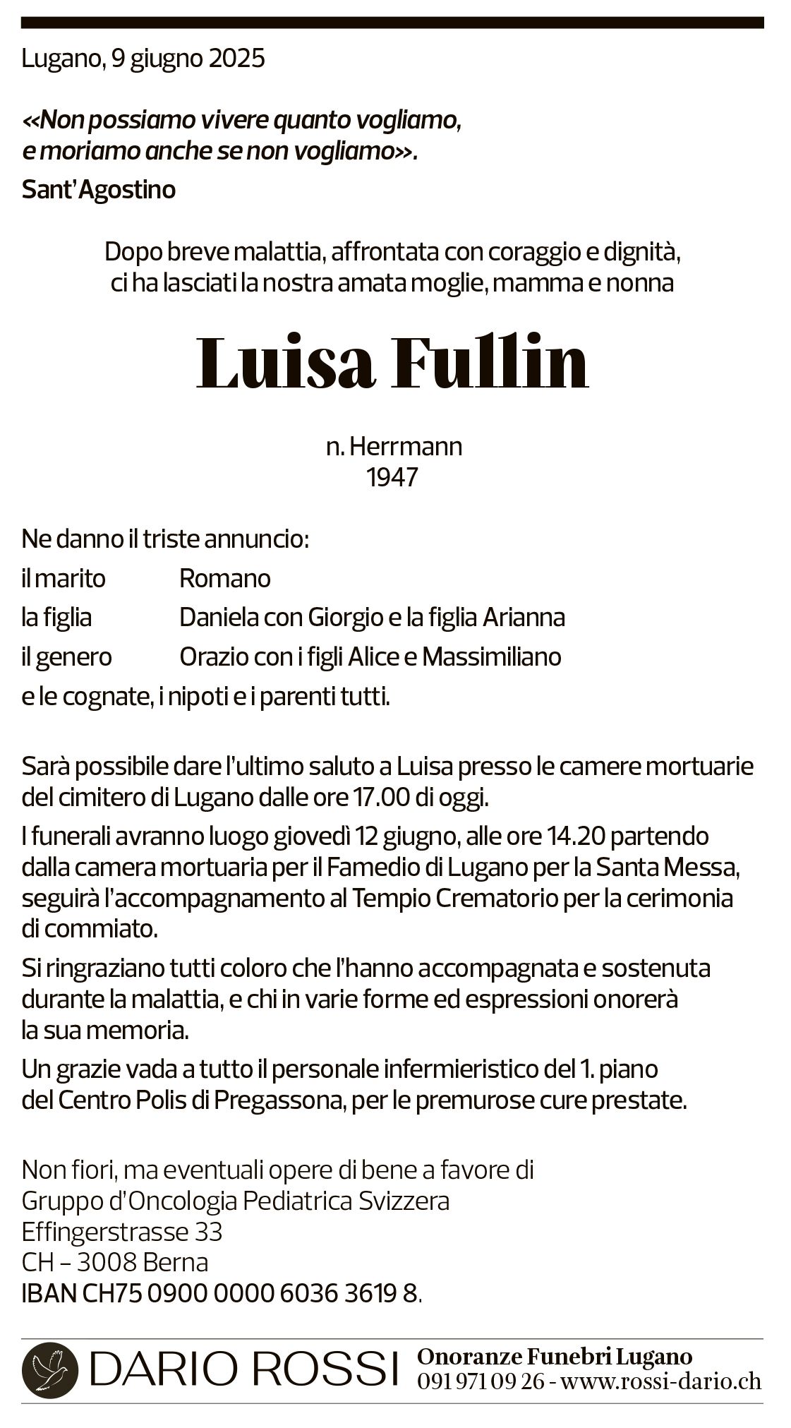 Annuncio funebre Luisa Fullin