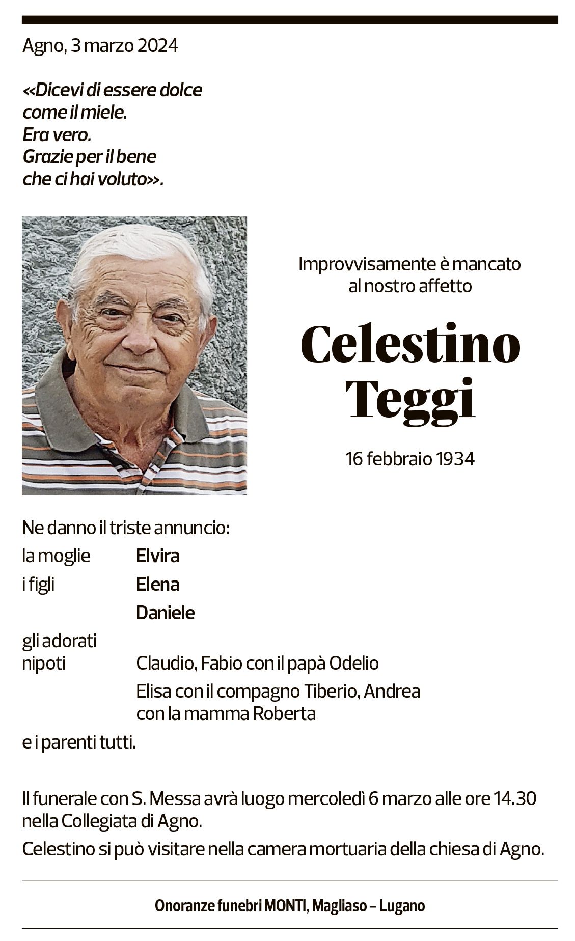 Annuncio funebre Celestino Teggi