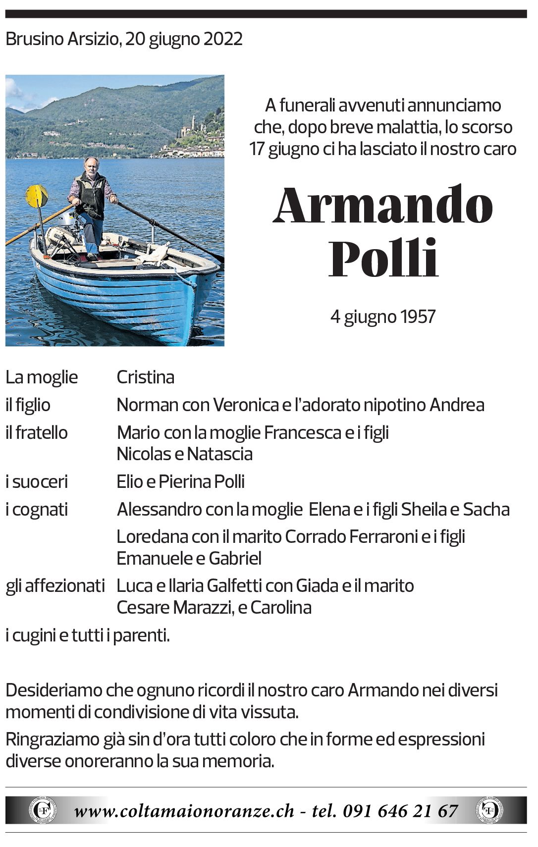 Annuncio funebre Armando Polli