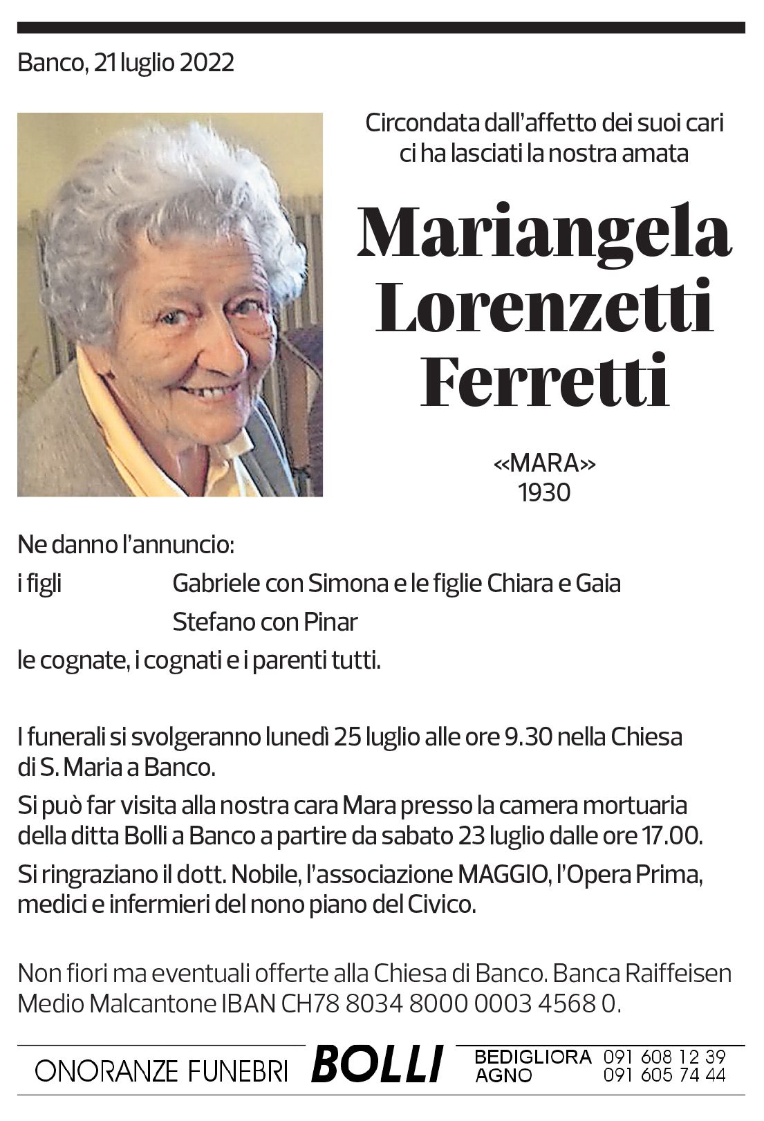 Annuncio funebre Mariangela Lorenzetti Ferretti